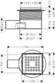 Hansgrohe Ablaufset mit quadratischem Drainless-Design, samt darauf angeordneten Löchern zur Wasserableitung, und zylindrischem Anschluss. Detailzeichnung mit Maßen und Anschlüssen.